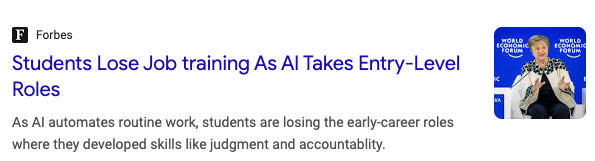 Forbes: Students Lose Job Training As AI Takes Entry-Level Roles